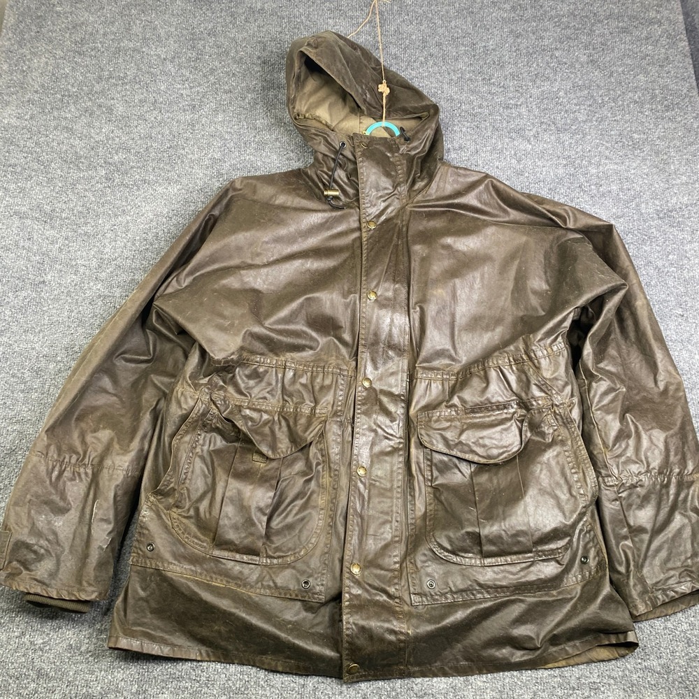Filson Field Jacket Brown Waxed Cotton Hooded Parka Mens Large USA VTG
